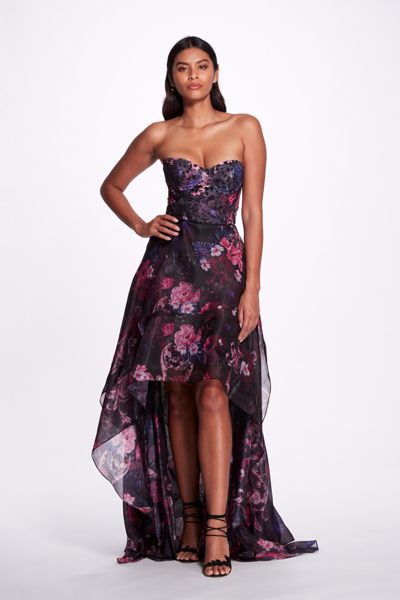 Marchesa Notte High-low Strapless Gown In Black
