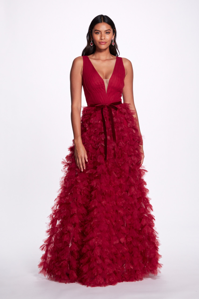 Marchesa Notte Ruffled Sleeveless A-line Gown In Rot