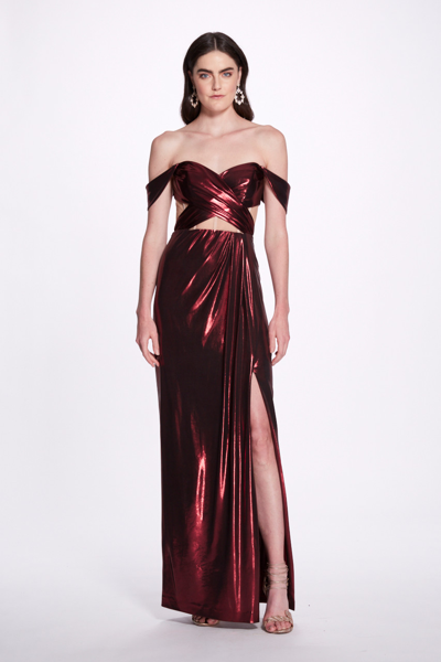 Marchesa Notte Off-shoulder Slit Gown In Red