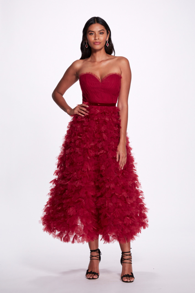 Marchesa Notte Ruffled Sweetheart Neck Midi Dress In Red