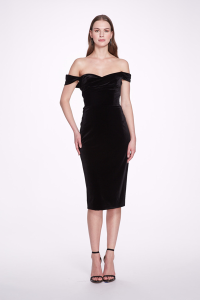 Marchesa Notte Stretch Velvet Off Shoulder Dress In Black
