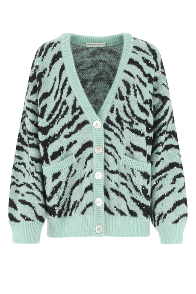 Alessandra Rich Embellished Zebra-jacquard Mohair-blend Cardigan In Green