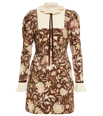 Alemais Lucianna Floral Print Lace Frill Neck And Sleeves Mini Dress In Chocolate
