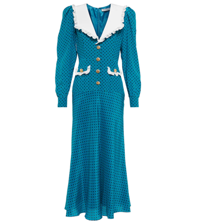 Alessandra Rich Chiffon-trimmed Button-embellished Polka-dot Silk Midi Dress In Light Blue Silk