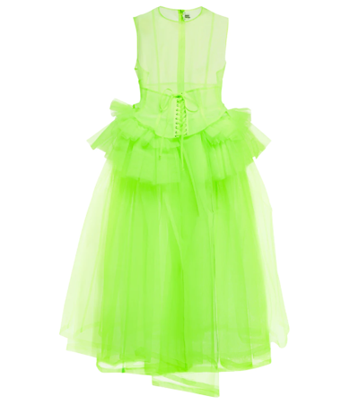 Noir Kei Ninomiya Tulle Corset Waist Peplum Midi Dress In Neon Green