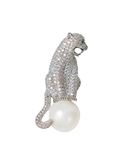 Cz By Kenneth Jay Lane Women's Look Of Real Rhodium Plated, Mother-of-pearl & Cubic Zirconia Panther Ball Brooch In Brass