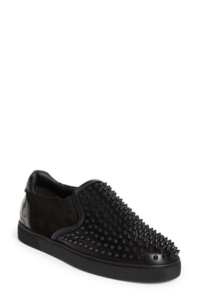 Christian Louboutin Fun Sailor Studded Leather And Suede Slip-on Trainers In Black