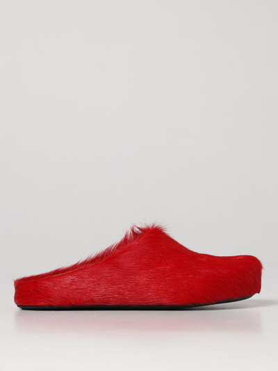 Marni Long Hair Leather Sabot Loafers In Red