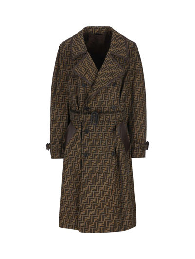 Fendi Ff Motif Belted Trench Coat In Brown