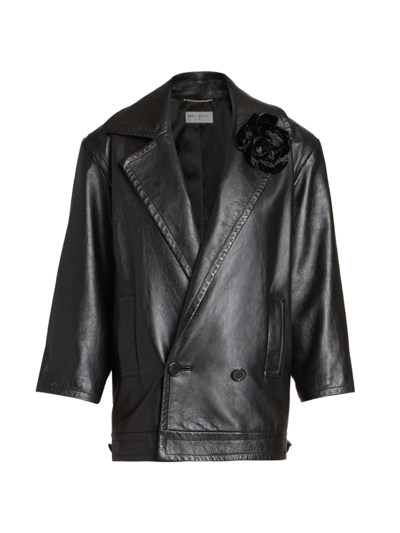 Saint Laurent Structured Cropped-sleeve Leather Coat In Noir
