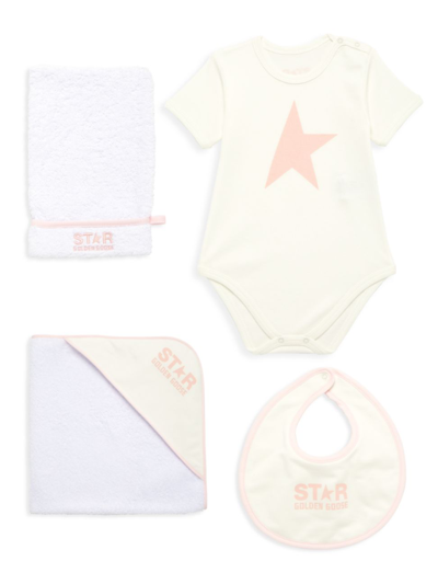 Golden Goose Baby's Logo Star 4-piece Bodysuit, Bib & Towel Set In White Pink