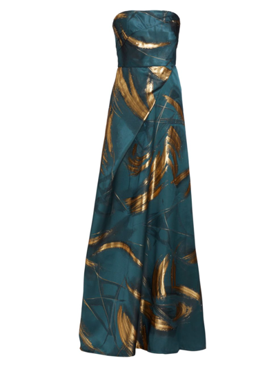 Rene Ruiz Collection Strapless Draped Jacquard Gown In Blue Gold