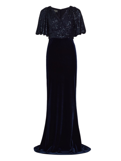 Teri Jon By Rickie Freeman Velvet Sequined Short-sleeve Gown In Sapphire