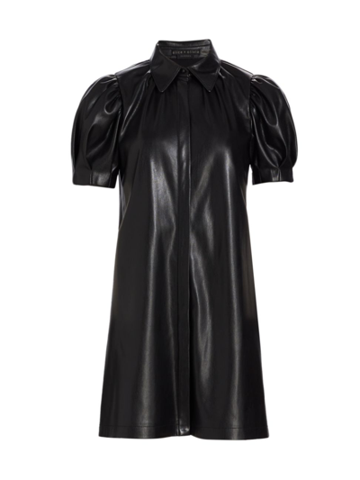 Alice And Olivia Jem Vegan-leather 70s-collar Puff-sleeve Dress In Black