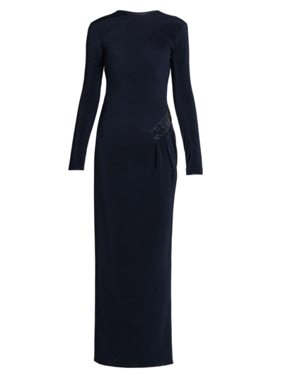 Giorgio Armani Embellished Waist Longsleeved Gathered Dress In Solid Blue Navy