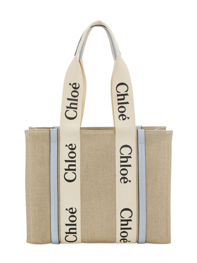 Chloé Woody Medium Logo Tote In White Blue