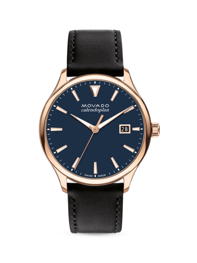 Movado Heritage Calendoplan Leather Strap Watch In Black