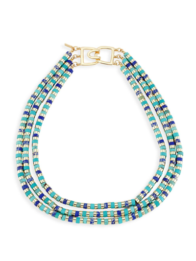 Kenneth Jay Lane Women's 14k-gold-plated, Turquoise, & Lapis Lazuli Beaded Triple-strand Necklace In Gold Turquoise Lapis