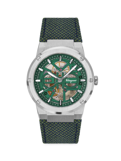 Ferragamo F-80 Skeleton Limited Edition Fabric Strap Watch, 41mm In Green