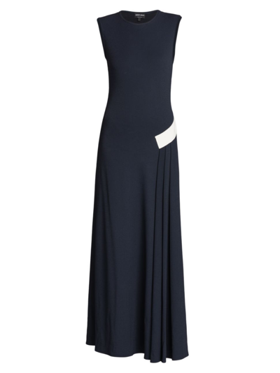 Giorgio Armani Maxi Dress W/ Colourblock Hip Detail In Solid Blue Navy