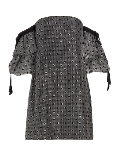 Lela Rose Polka-dot Bow Off-the-shoulder Gingham Dress In Black Multi