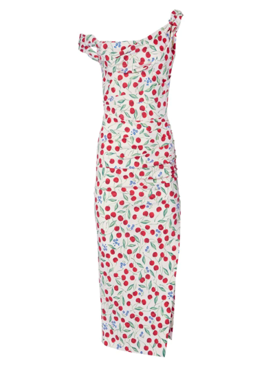 Carolina Herrera Cherry Print Off The Shoulder Stretch Cotton Dress In Ecru Multi