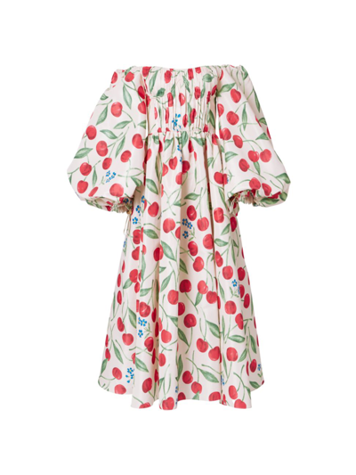 Carolina Herrera Cherry-print Off-the-shoulder Balloon-sleeve Midi Dress In Cream