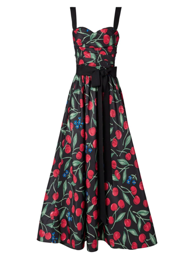 Carolina Herrera Cherry-print Draped Sash Midi Dress In Black Multi