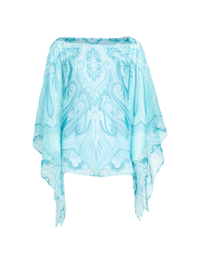 Etro Printed Asymmetric Poncho In Light Blue