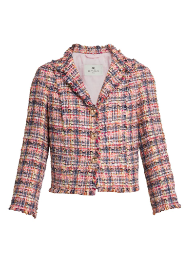Etro Tweed Fringe-trim Jacket In Pink