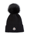 Moncler Ribbed Knit Wool Beanie With Faux Fur Pom-pom In Black