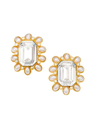 Kenneth Jay Lane Women's 22k-gold-plated, Glass Crystal, & Faux Pearl Clip-on Earrings In Pearl Clear