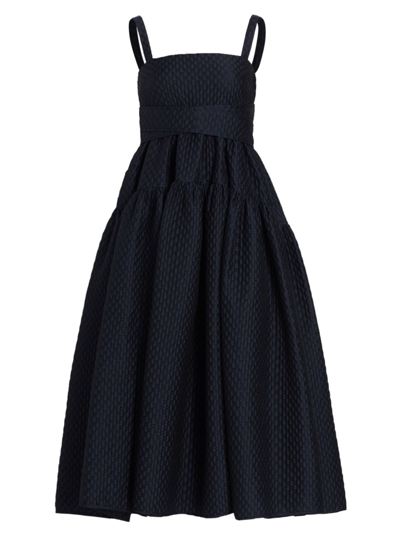 Cecilie Bahnsen Tiered Jacquard Midi Dress In Navy Blue