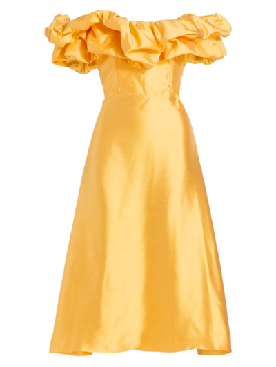 Markarian Hibiscus Ruffled Silk Midi Dress In Yellow