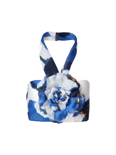 Carolina Herrera Floral-print Halter Bralette Top W/ Removable Flower In Lupine Blue Multi