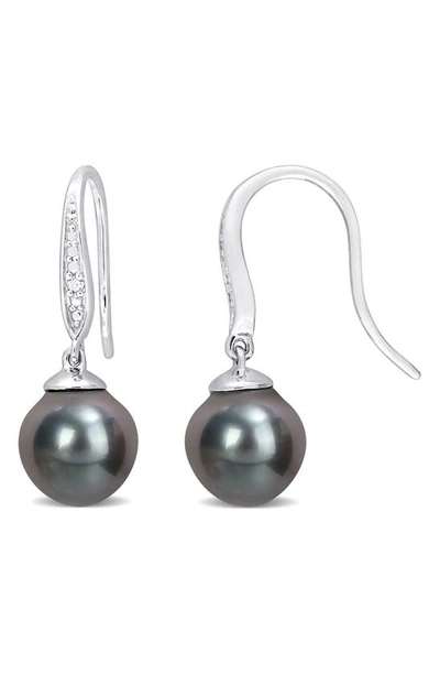 Delmar Sterling Silver 8-9mm Black Tahitian Cultured Pearl Diamond Earrings