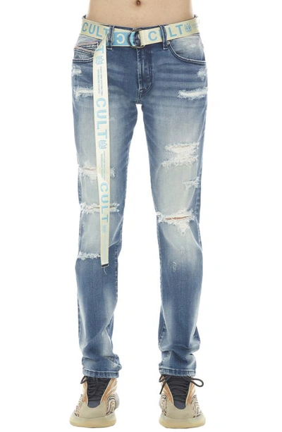 Cult Of Individuality Rocker Belted Slim Stretch Straight Leg Jeans In Rinker