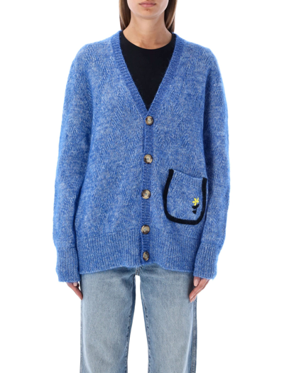 Cormio 'renato' Floral Detailing Wool Blend Melange Knit Oversized Cardigan In Blue