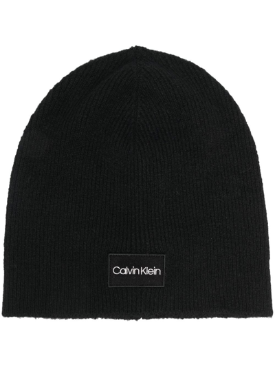 Calvin Klein Men's Woven Logo Patch Beanie In Black