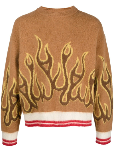 Palm Angels Striped Intarsia Virgin Wool Sweater In Brown