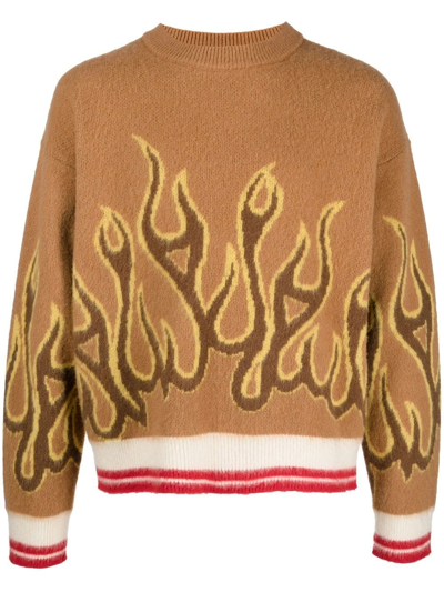 Palm Angels Striped Intarsia Virgin Wool Sweater In Nuts,yellow