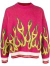 Palm Angels Flames Wool Knit Crewneck Sweater In Purple