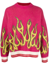 Palm Angels Flames Wool Knit Crewneck Sweater In Fuchsia Yellow