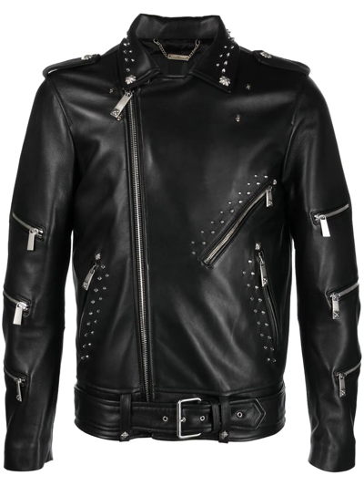 John Richmond Studded Leather Jacket In Schwarz