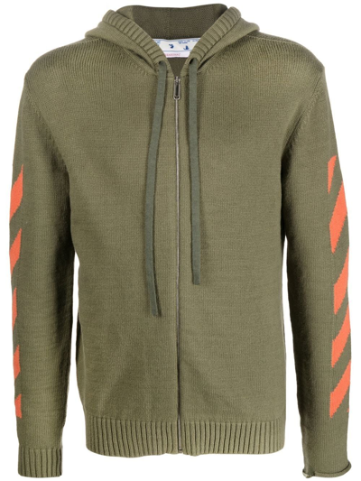 Off-white Knitted Chevron-detail Hoodie In Green