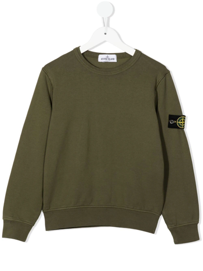 Stone Island Olive Green Long-sleeve Sweatshirt With Ribbed Cuffs And Compass Patch In Brown