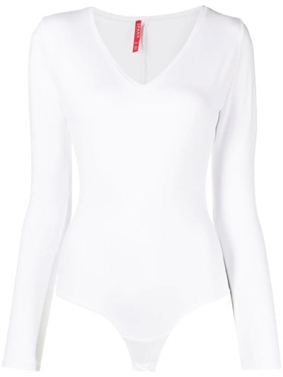 Spanx V-neck Long-sleeved Bodysuit In White