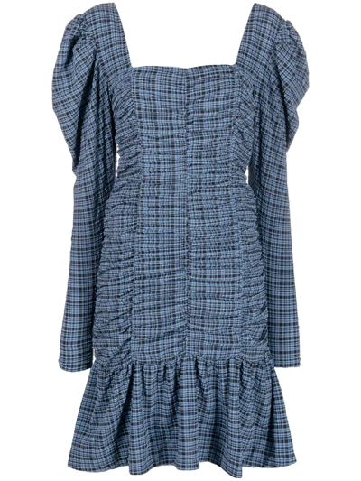Ganni Ruched Checked Stretch Recycled-seersucker Mini Dress In Blue