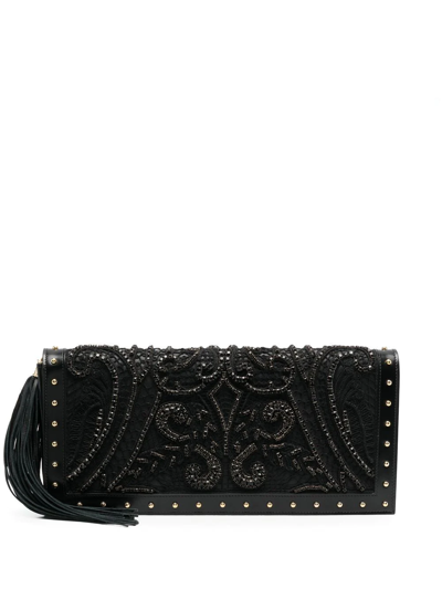 Balmain Crystal-embroidered Leather Clutch Bag In Schwarz