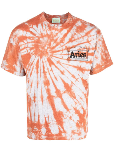 Aries Temple Logo-print Tie-dyed Cotton T-shirt In Orange